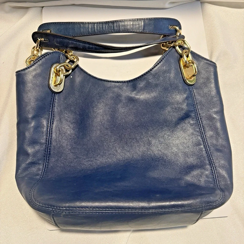 Michael Kors Fulton Large Navy Blue Pebbled Leather Hobo Shoulder Bag Gold